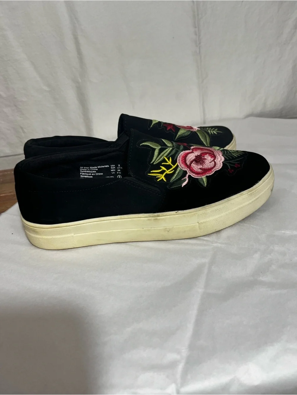 Brash Black Velvet Espadrilles with Pink Floral Embroidery